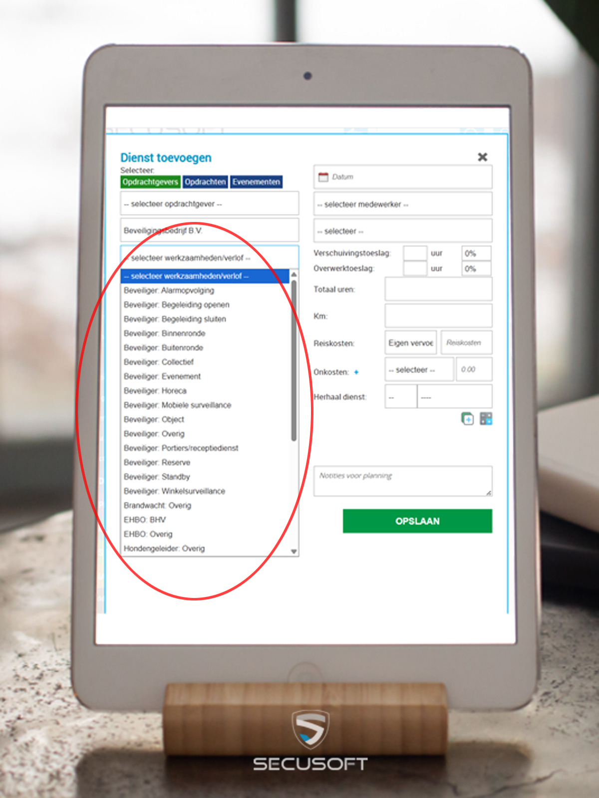 Type werkzaamheden ingeven in rooster- en planningssoftware Secusoft